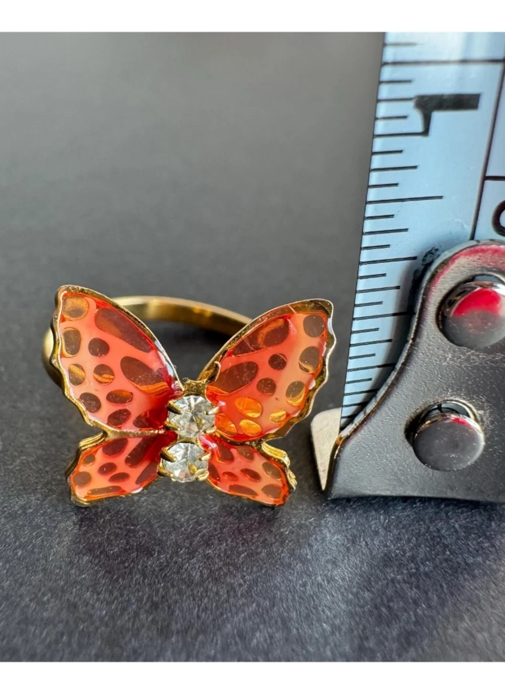 Vintage Glass Butterfly Adjustable Ring Gold Tone Rhinestone Costume Jewelry